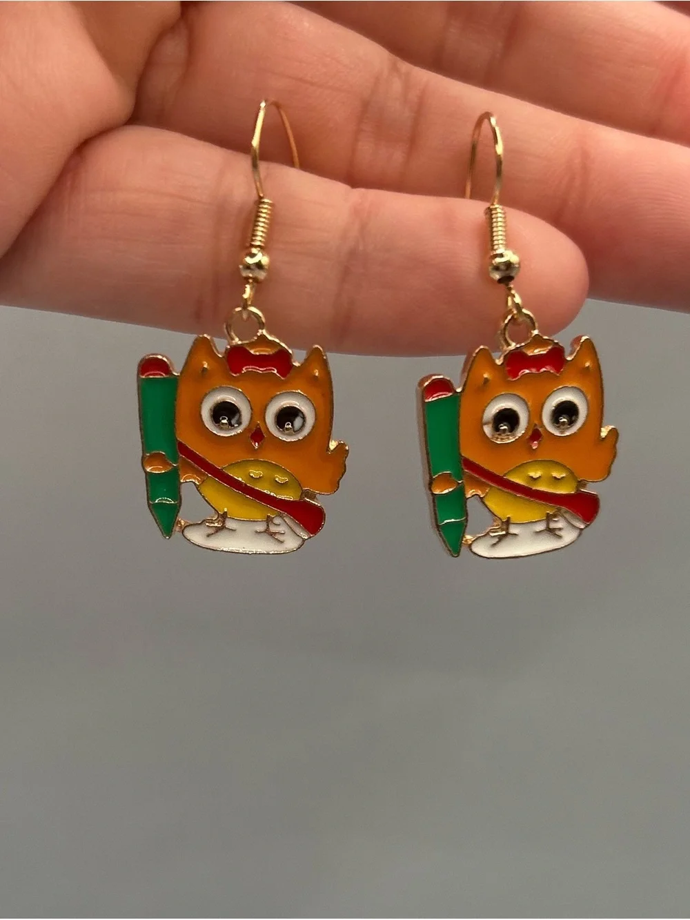 New French Hook Girl Owl with Marker Pen Pencil Teacher Gold Tone Earrings Gift